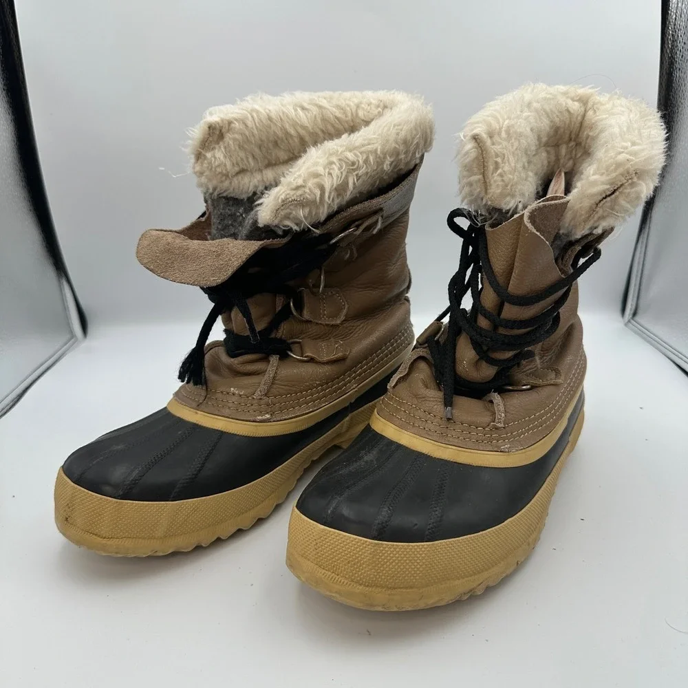 Sorel‎ Manitou Snow Winter Boots Tan Brown Leather Wool Blend Kids Size 7